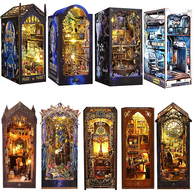 DIY Book Nook Kit with LED Lights – Miniature Bookshelf Insert for Readers