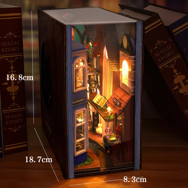 DIY Book Nook Kit with LED Lights – Miniature Bookshelf Insert for Readers