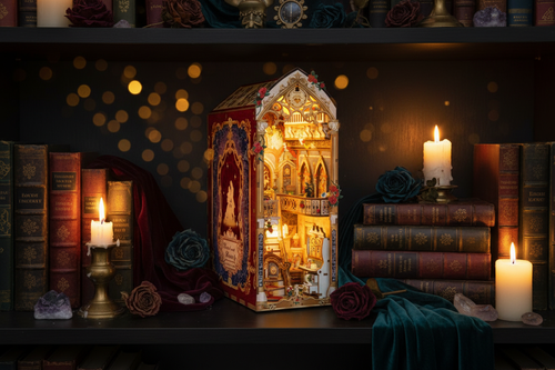 Beauty and the Beast book nook diorama glowing warmly on a dark bookshelf surrounded by candles and roses